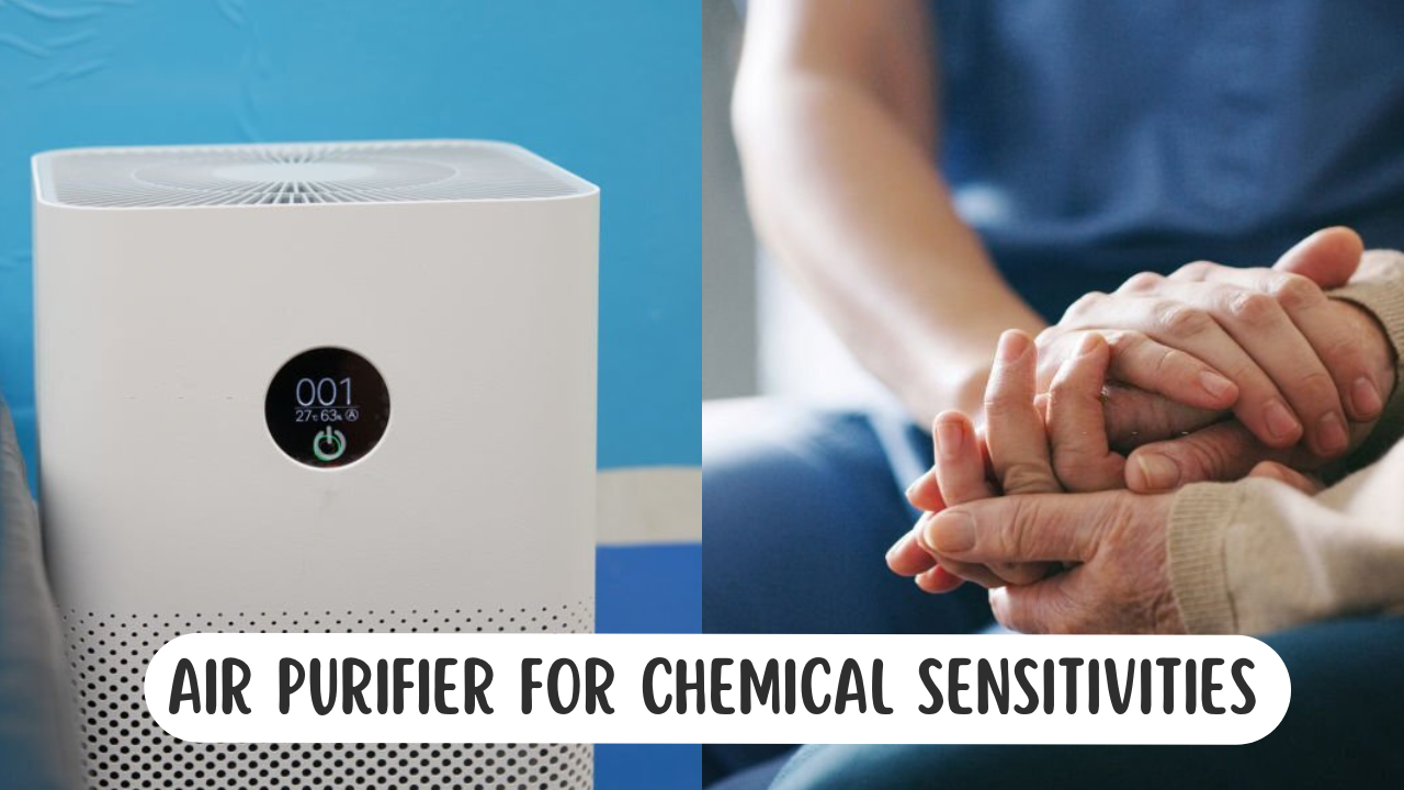 air purifier for chemical sensitivities on the left with two close up hands holding each other on the left