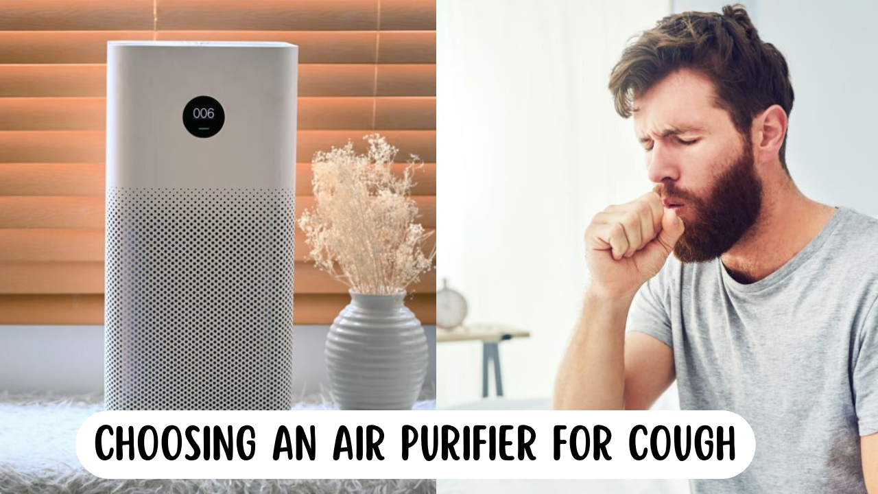 air purifier for cough with man coughing into his hand next to it