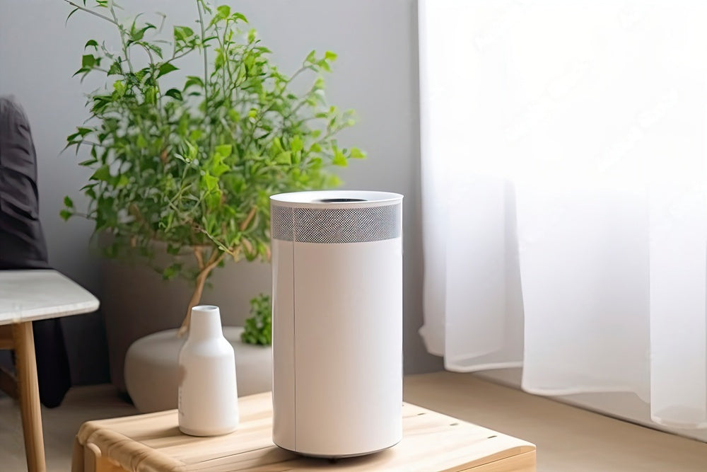 Elegant white air purifier on a wooden stand beside an indoor potted plant with natural light, posing the question "Do you need an air purifier?