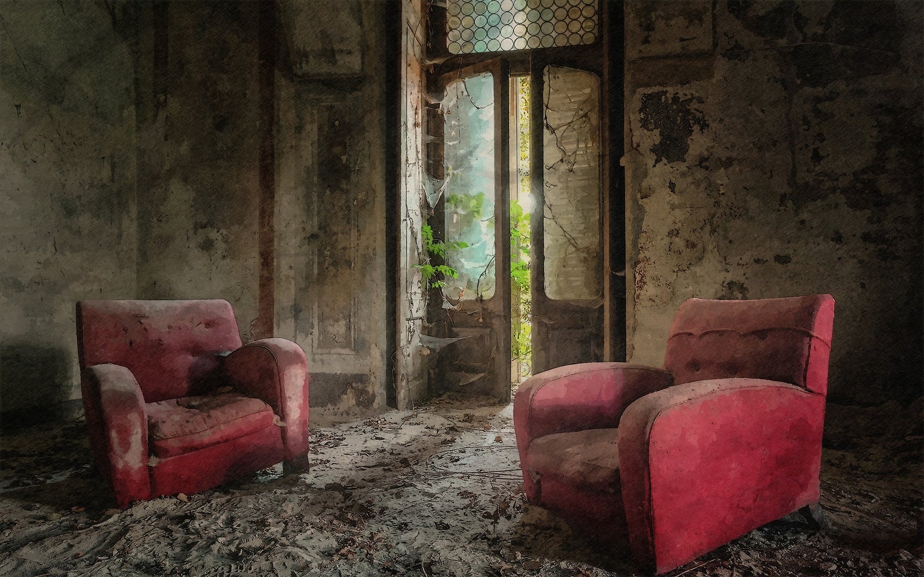 Red chairs covered in dust in an old room, a setting that would benefit from a dust mite air purifier to improve air quality.