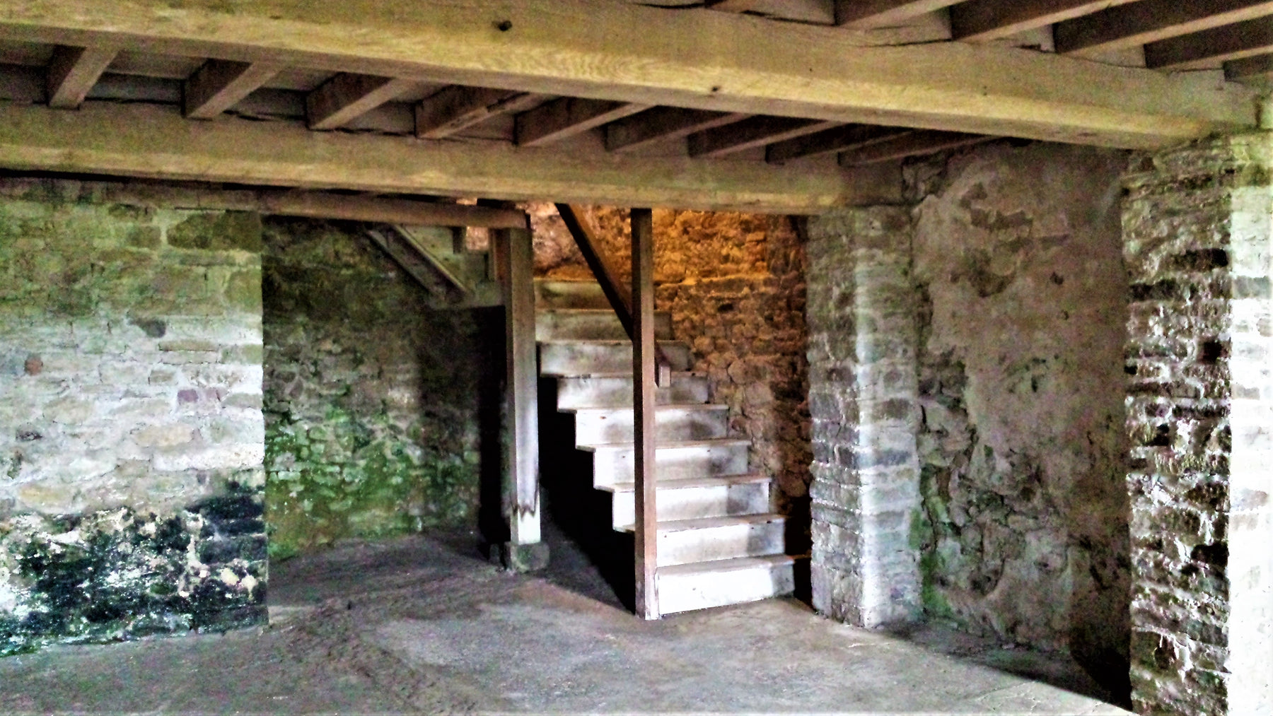 An old crusty basement with unfinished floor and dirty walls presenting an air filters for mold