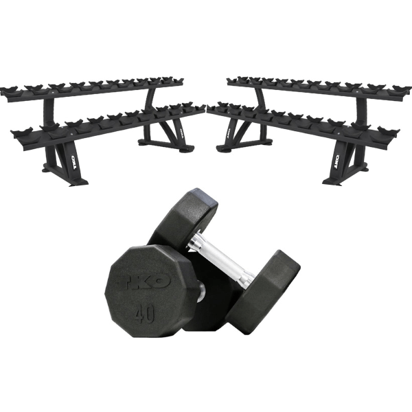 TKO 10-Sided Rubber Dumbbell Set With Rack 5-100 Lb. Set + (2) 7051 Saddle Racks