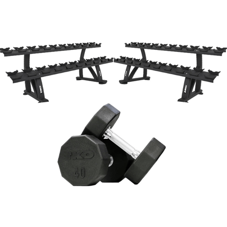 TKO 10-Sided Rubber Dumbbell Set With Rack 5-100 Lb. Set + (2) 7051 Saddle Racks