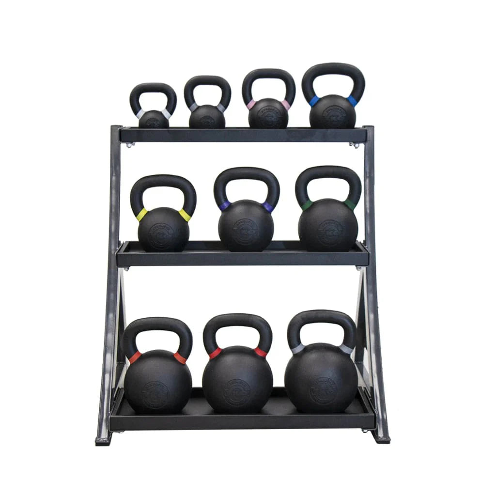TKO 3 Tier Kettlebell Rack 856KR with Full Kettlebell Set 4-36 kg Cast Iron Kettlebell Set