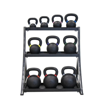 TKO 3 Tier Kettlebell Rack 856KR with Full Kettlebell Set 4-36 kg Cast Iron Kettlebell Set