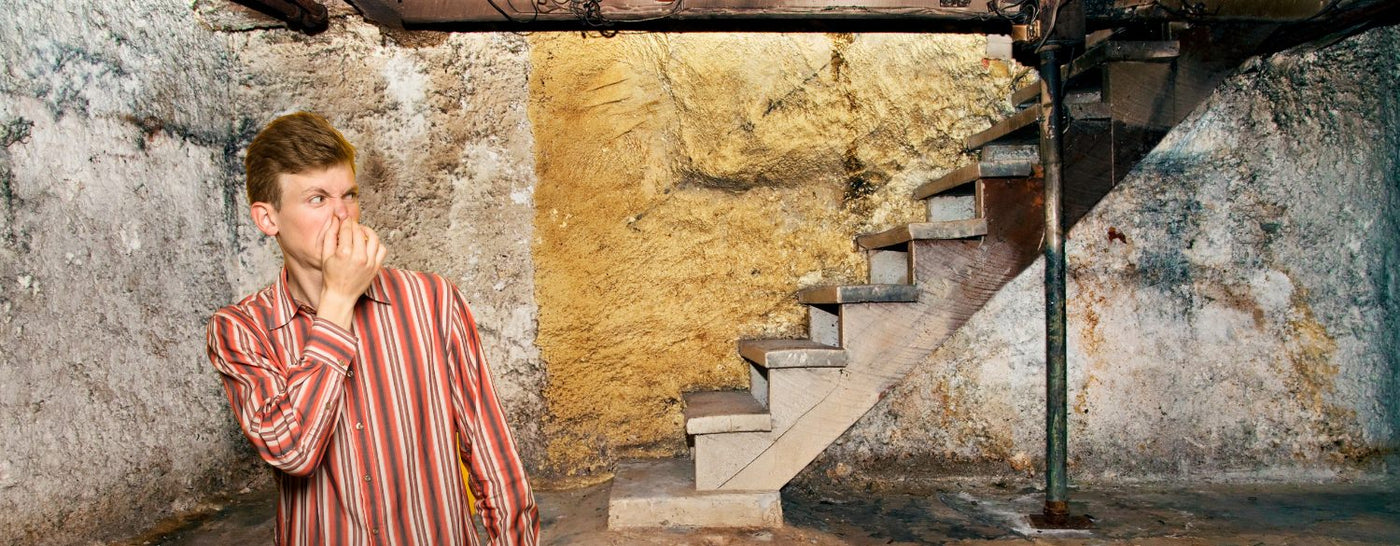 Man plugging his nose while in a basement with mold and musty smell
