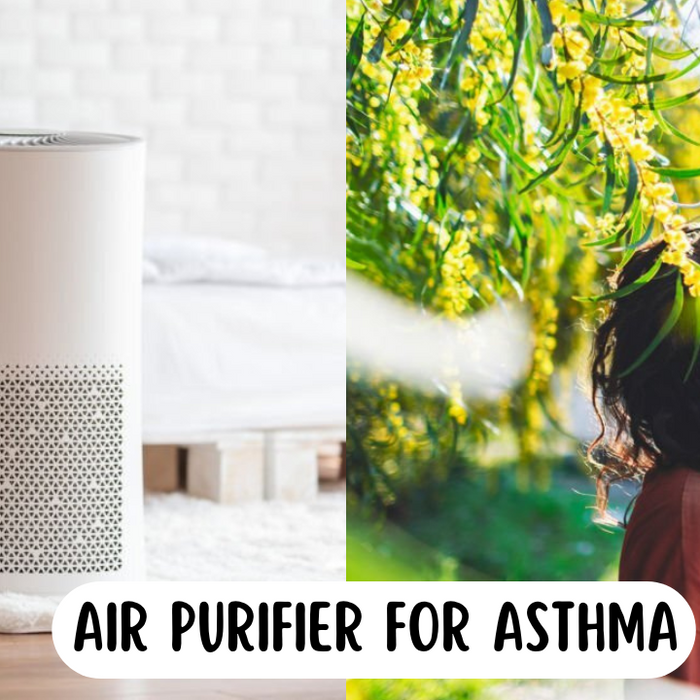 Air Purifier for asthma with a woman outside on one half and a white air purifier on the other