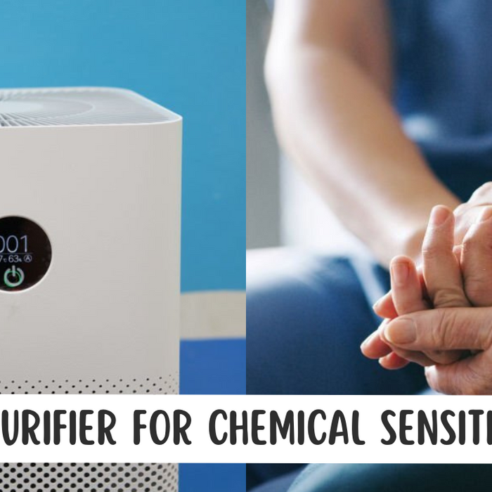 air purifier for chemical sensitivities on the left with two close up hands holding each other on the left