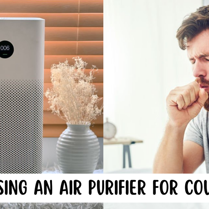 air purifier for cough with man coughing into his hand next to it