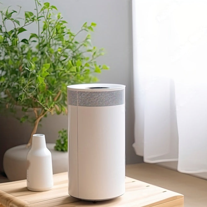 Elegant white air purifier on a wooden stand beside an indoor potted plant with natural light, posing the question "Do you need an air purifier?