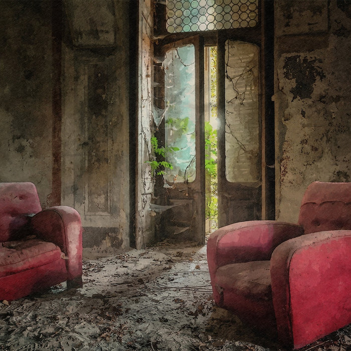 Red chairs covered in dust in an old room, a setting that would benefit from a dust mite air purifier to improve air quality.