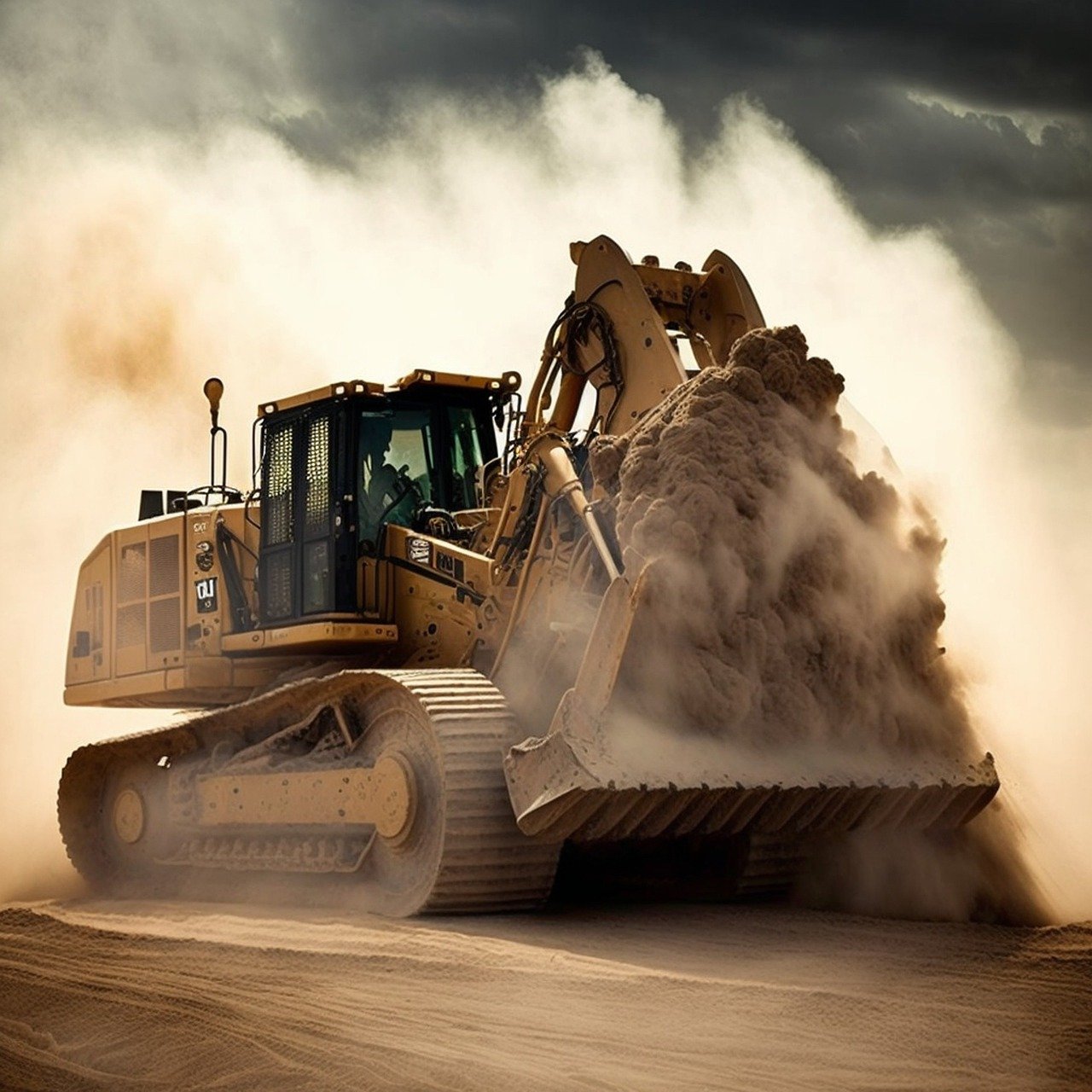 A robust construction vehicle moving earth, generating a large dust cloud, highlighting the need for dust control measures at construction sites.