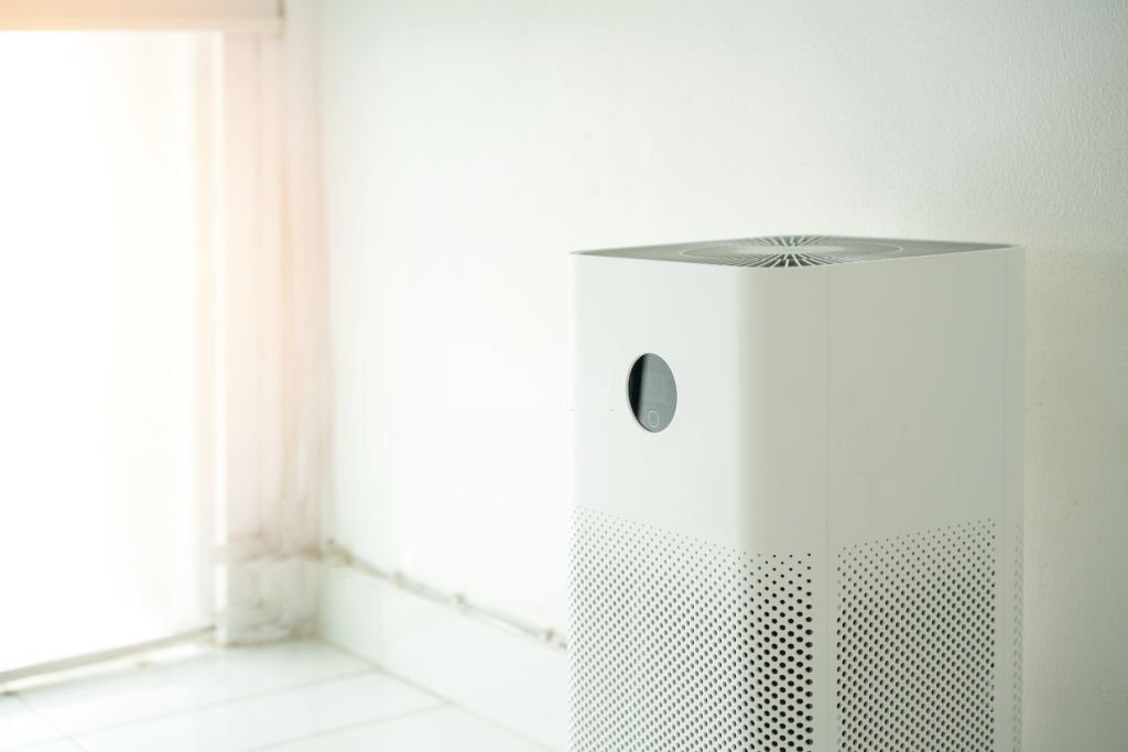 White rectangular air purifier in front of a white wall presenting the question: "What kind of air purifier do I need?