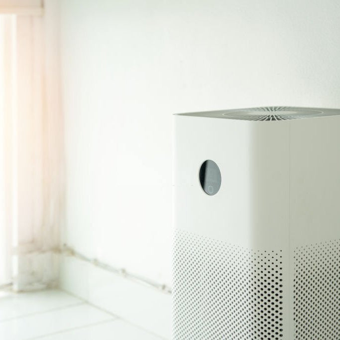 White rectangular air purifier in front of a white wall presenting the question: "What kind of air purifier do I need?