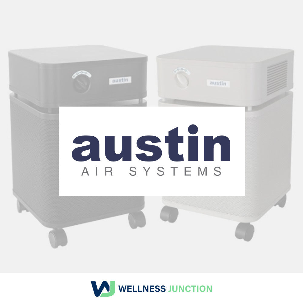 Austin Air Purifiers for sale - 2 units side by side with the austin air systems logo overlaid