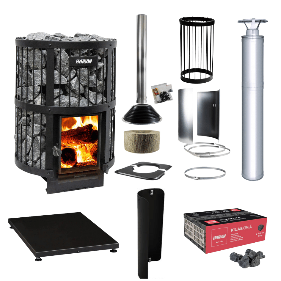 Harvia Legend 240 GreenFlame 15.9kW Wood Burning Stove Package w/ Chimney Kit, Rock Cage, Protective Bedding, Sheath, Stones