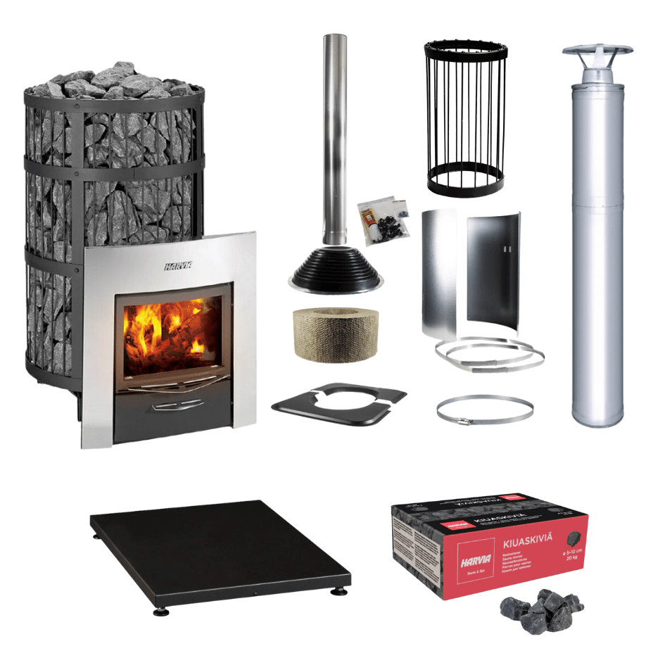 Harvia Legend 300 Duo 23.5kW Wood Burning Stove Package w/ Chimney Kit, Rock Cage, Protective Bedding, Protective Sheath, Stones