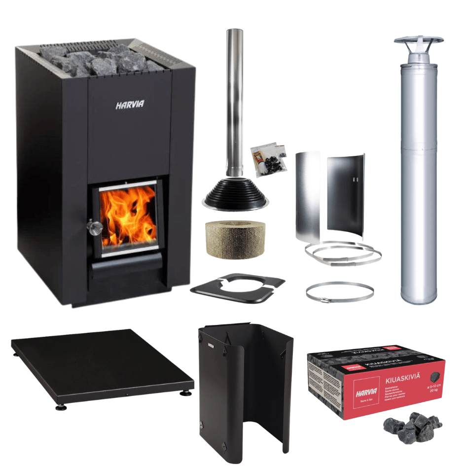Harvia Linear 16 17.9k Wood Burning Stove Package w/ Chimney Kit, Protective Bedding, Sheath, Stones