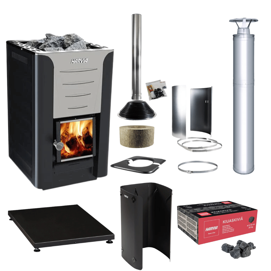 Harvia PRO 26 26kW Wood Burning Stove Package w/ Chimney Kit, Protective Bedding, Sheath, Stones
