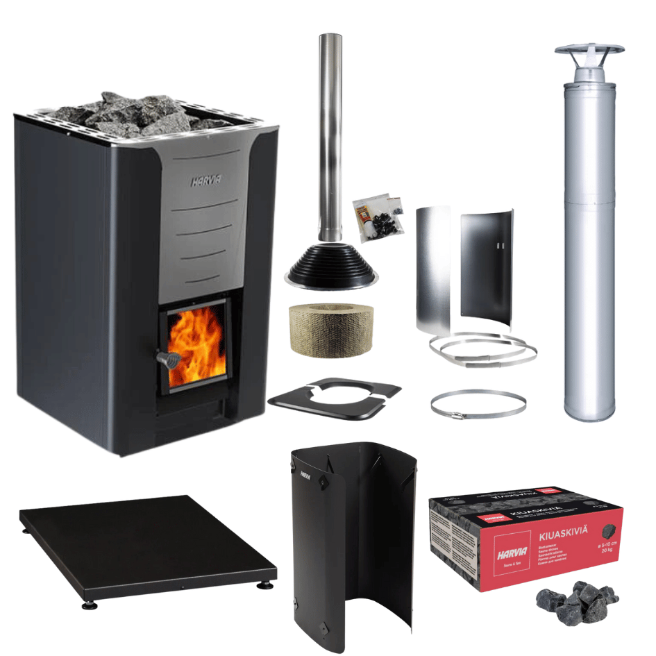Harvia PRO 36 31kW Wood Burning Stove Package w/ Chimney Kit, Protective Bedding, Sheath, Stones