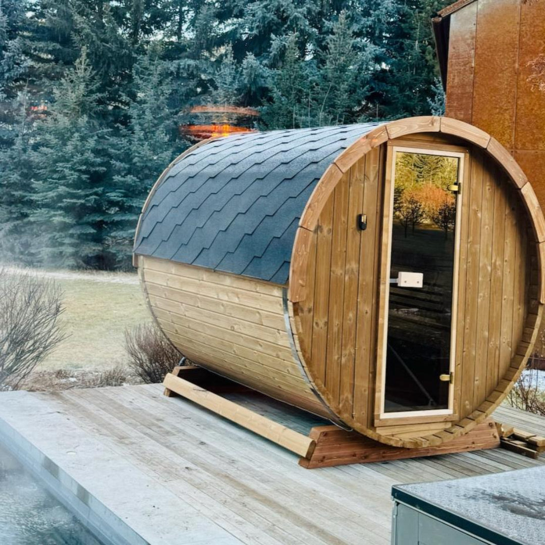 Model E8 6-Person Barrel Sauna Outside
