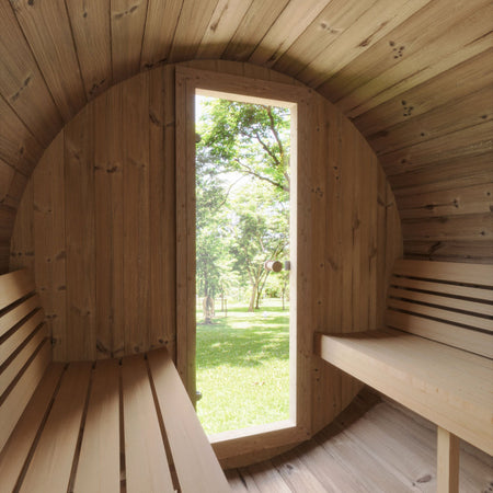 SaunaLife E8 6-Person Barrel Sauna Outdoor View From Inside