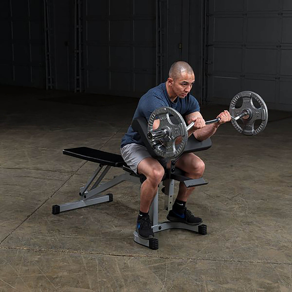 body solid powerline pfid130x fid bench barbell with preacher curl