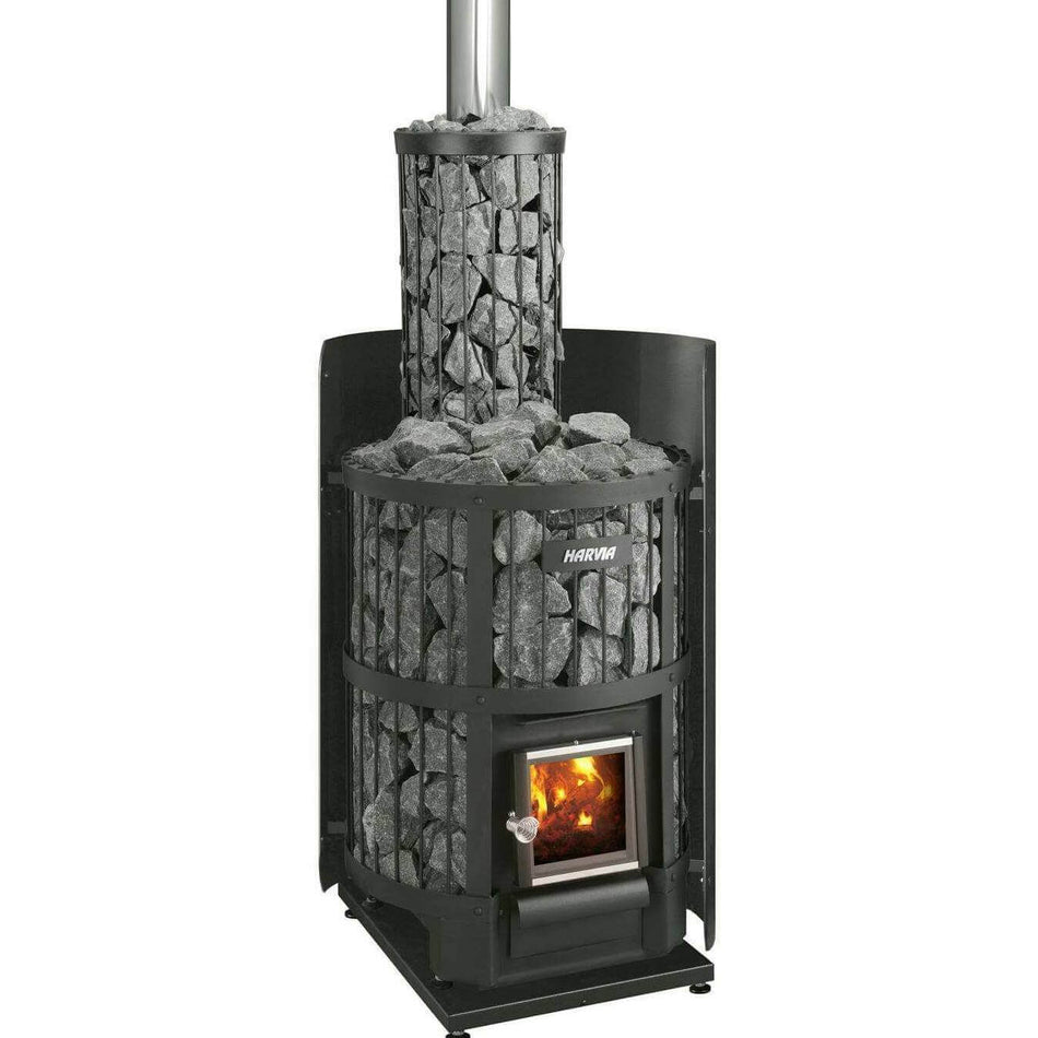 Harvia Legend 240 21kW Wood Burning Stove Package w/ Chimney Kit, Rock Cage, Protective Bedding, Sheath, Stones