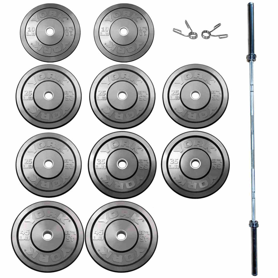 York Barbell USA Black Rubber Bumper Plate & Barbell Sets 325lb