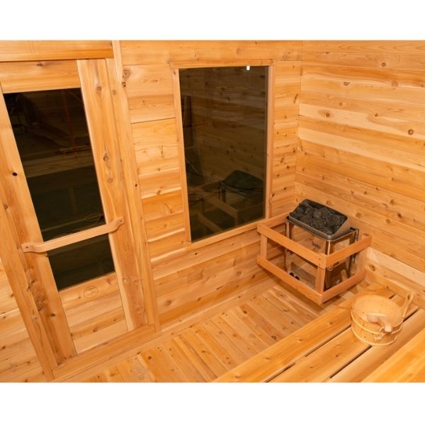 Dundalk CT Luna 3 Person Outdoor Traditional Sauna Inside View of Door, Window, and Heater