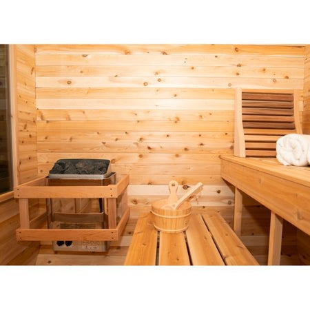 Dundalk CT Luna 3 Person Outdoor Traditional Sauna Inside View of Heater, Bucket/Ladle and Backrest