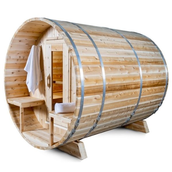 Dundalk CT Serenity 2-4 Person Outdoor Traditional Sauna Side View with Towels and Bench 