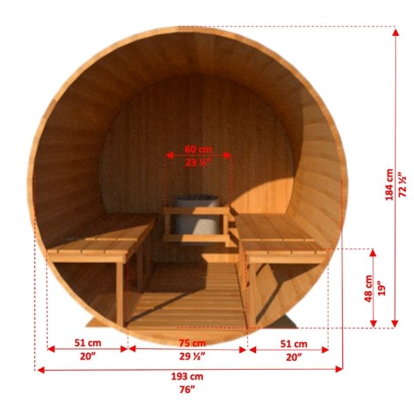 Dundalk CT Tranquility 6 Person Outdoor Traditional Sauna 3D Dimensions  of Inside