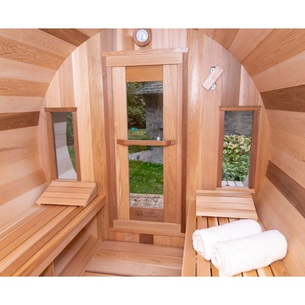 Dundalk CT Tranquility 6 Person Outdoor Traditional Sauna Inside View and Looking Out the door/windows