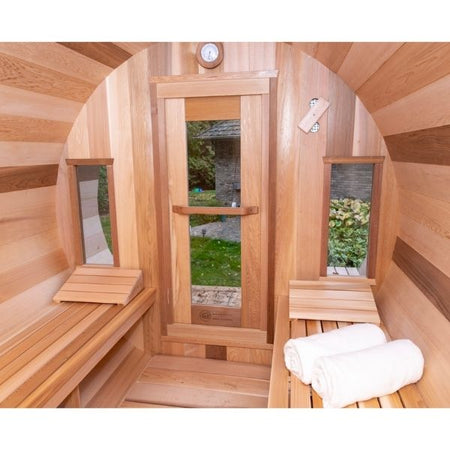 Dundalk CT Tranquility 6 Person Outdoor Traditional Sauna Inside View and Looking Out the door/windows