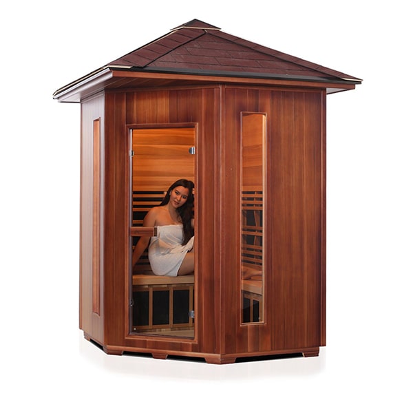 Enlighten Diamond 4 Person Corner Peak InfraredTraditional Sauna Facing Left With Model