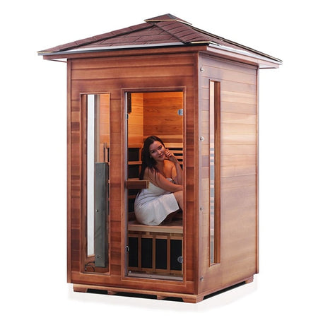 Enlighten Rustic 2 Person Peak Outdoor Indoor Infrared Sauna Facing Left With Model