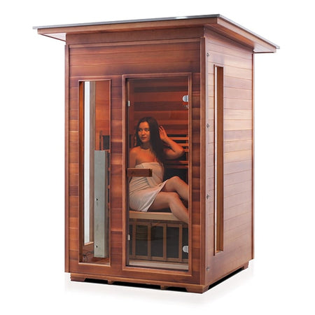 Enlighten Rustic 2 Person Slope Outdoor Indoor Infrared Sauna Facing Left With Model