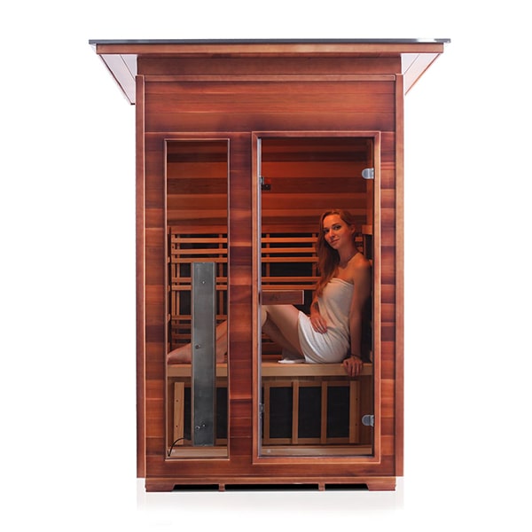 Enlighten Rustic 2 Person Slope Outdoor Indoor Infrared Sauna Front View With Model