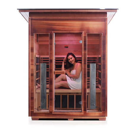 Enlighten Rustic 3 Person Slope Infrared Sauna Front View With Model
