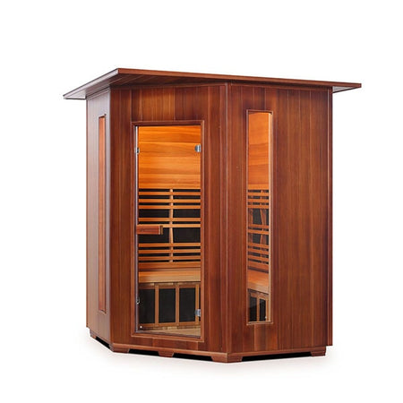 Enlighten Rustic 4 Person Corner Indoor Infrared Sauna Facing Left
