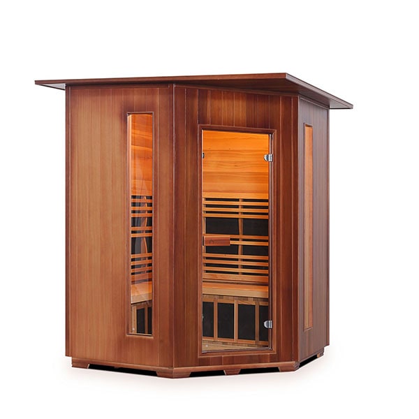 Enlighten Rustic 4 Person Corner Indoor Infrared Sauna Facing Right