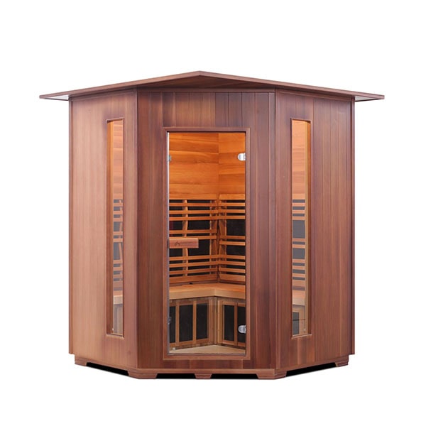 Enlighten Rustic 4 Person Corner Indoor Infrared Sauna Front View