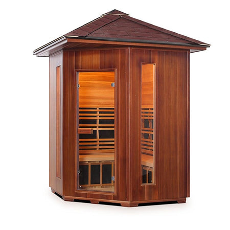 Enlighten Rustic 4 Person Corner Peak Infrared Sauna Facing Left