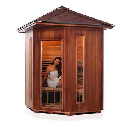 Enlighten Rustic 4 Person Corner Peak Infrared Sauna Facing Left With Model