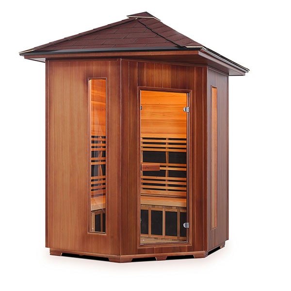 Enlighten Rustic 4 Person Corner Peak Infrared Sauna Facing Right
