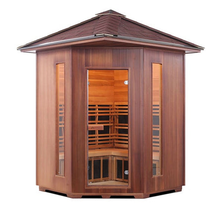 Enlighten Rustic 4 Person Corner Peak Infrared Sauna Front View