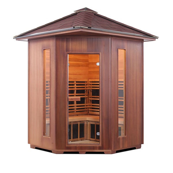 Enlighten Rustic 4 Person Corner Peak Infrared Sauna Front View