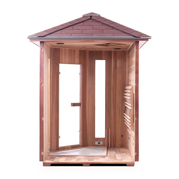 Enlighten Rustic 4 Person Corner Peak Infrared Sauna Interior