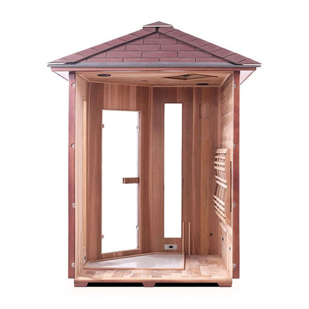 Enlighten Rustic 4 Person Corner Peak Infrared Sauna Interior